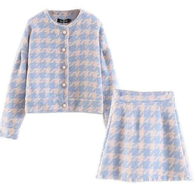 Tailleur Jupe et Veste | Motif Pied-de-Poule | Parfait pour Sorties Tendance ou Journées Décontractées