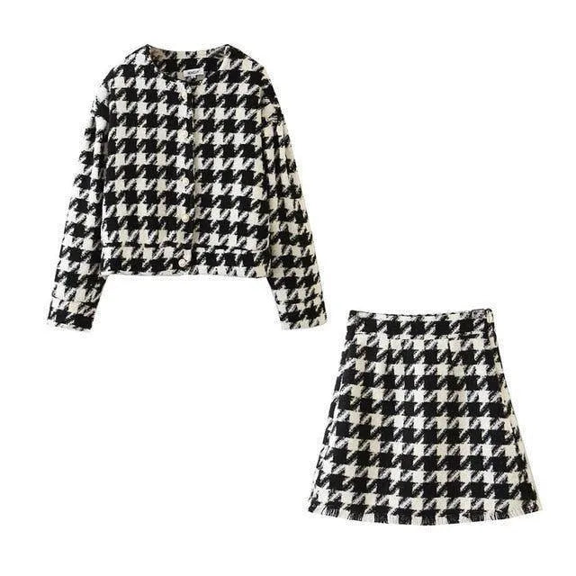 Tailleur Jupe et Veste | Motif Pied-de-Poule | Parfait pour Sorties Tendance ou Journées Décontractées