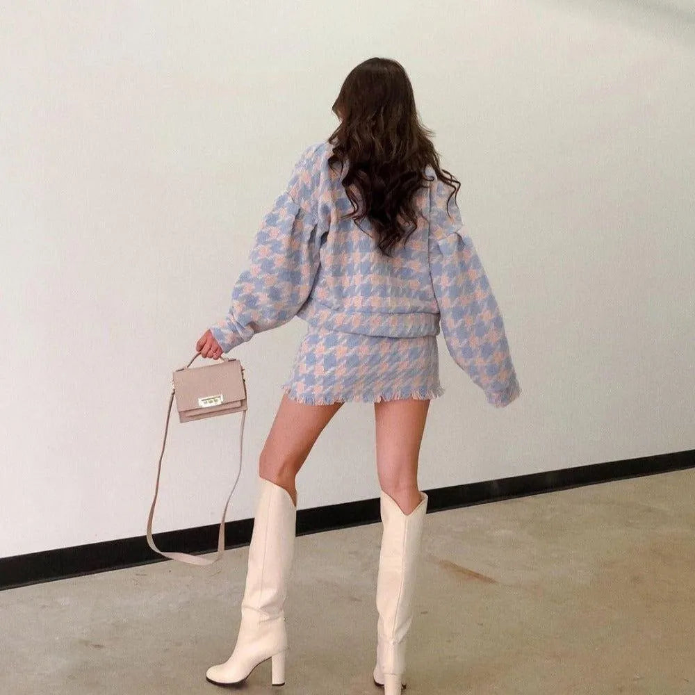 Tailleur Jupe et Veste | Motif Pied-de-Poule | Parfait pour Sorties Tendance ou Journées Décontractées