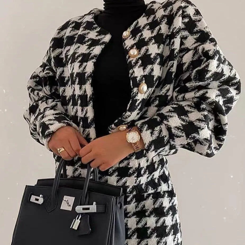 Tailleur Jupe et Veste | Motif Pied-de-Poule | Parfait pour Sorties Tendance ou Journées Décontractées