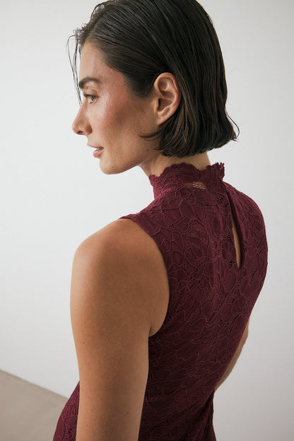 Robe Maxi Femme - Col Montant Sans Manches Dentelle | Élégante