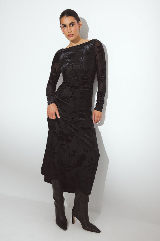 Robe Longue Soirée Dos Nu | Manches Longues Motif Floral | Robe Cérémonie Élégante