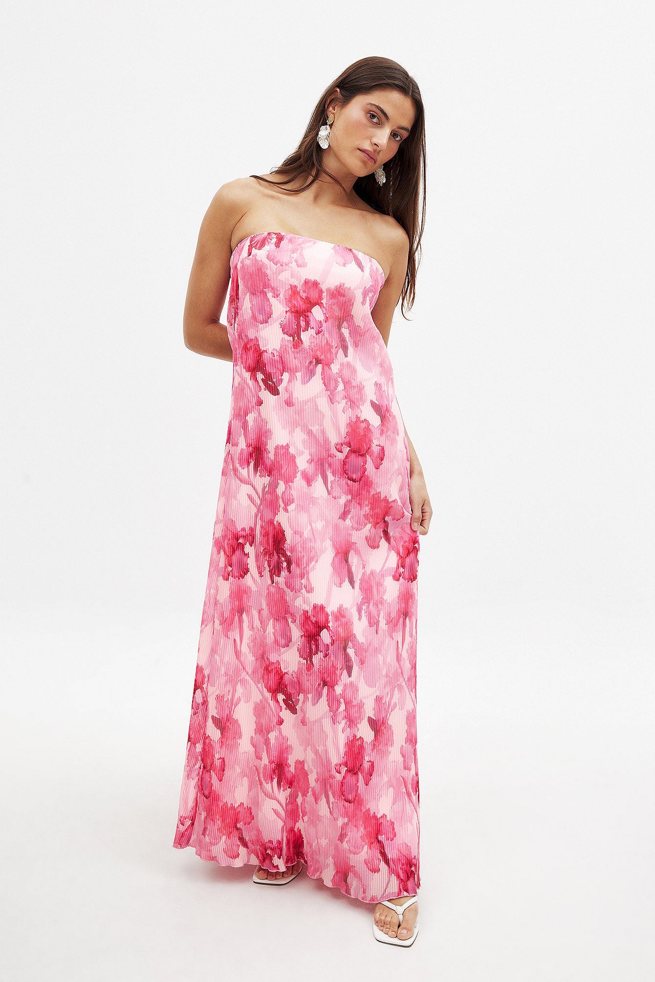 Robe Longue Bustier Plissée | Coupe Fluide Imprimé Floral | Robe de Soirée/Cocktail