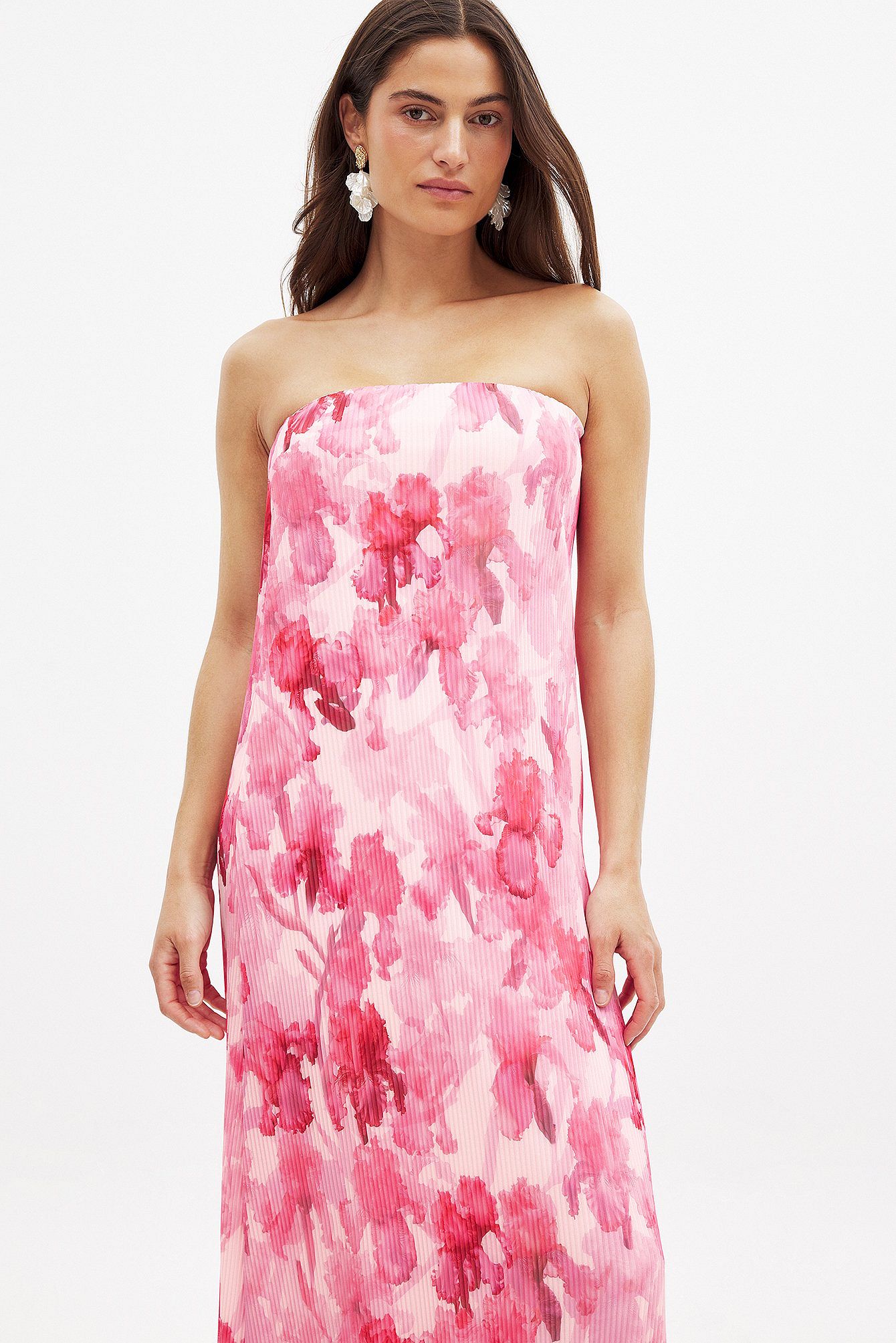 Robe Longue Bustier Plissée | Coupe Fluide Imprimé Floral | Robe de Soirée/Cocktail