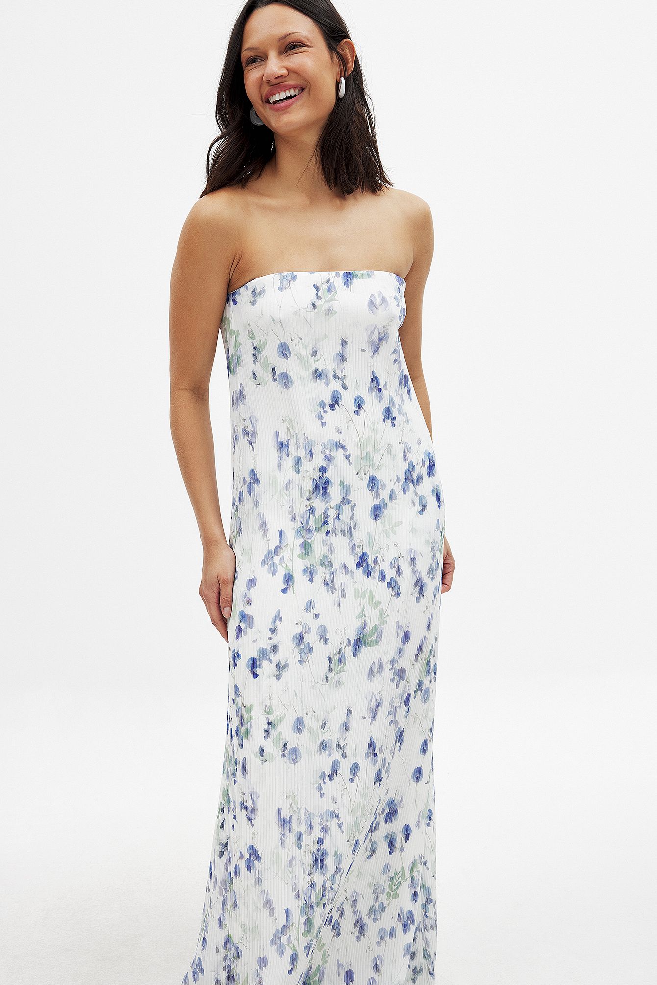 Robe Longue Bustier Plissée | Coupe Fluide Imprimé Floral | Robe de Soirée/Cocktail