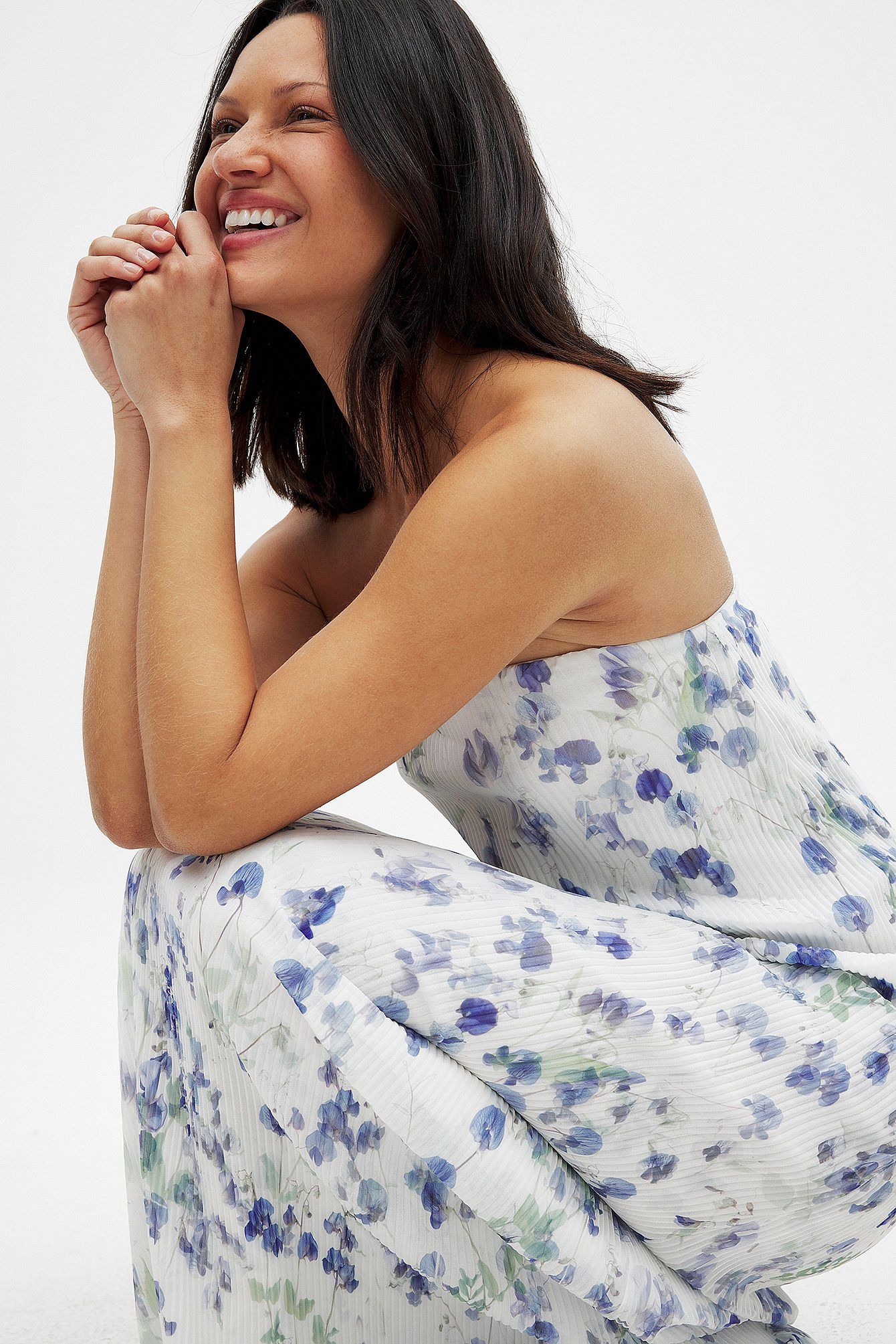 Robe Longue Bustier Plissée | Coupe Fluide Imprimé Floral | Robe de Soirée/Cocktail