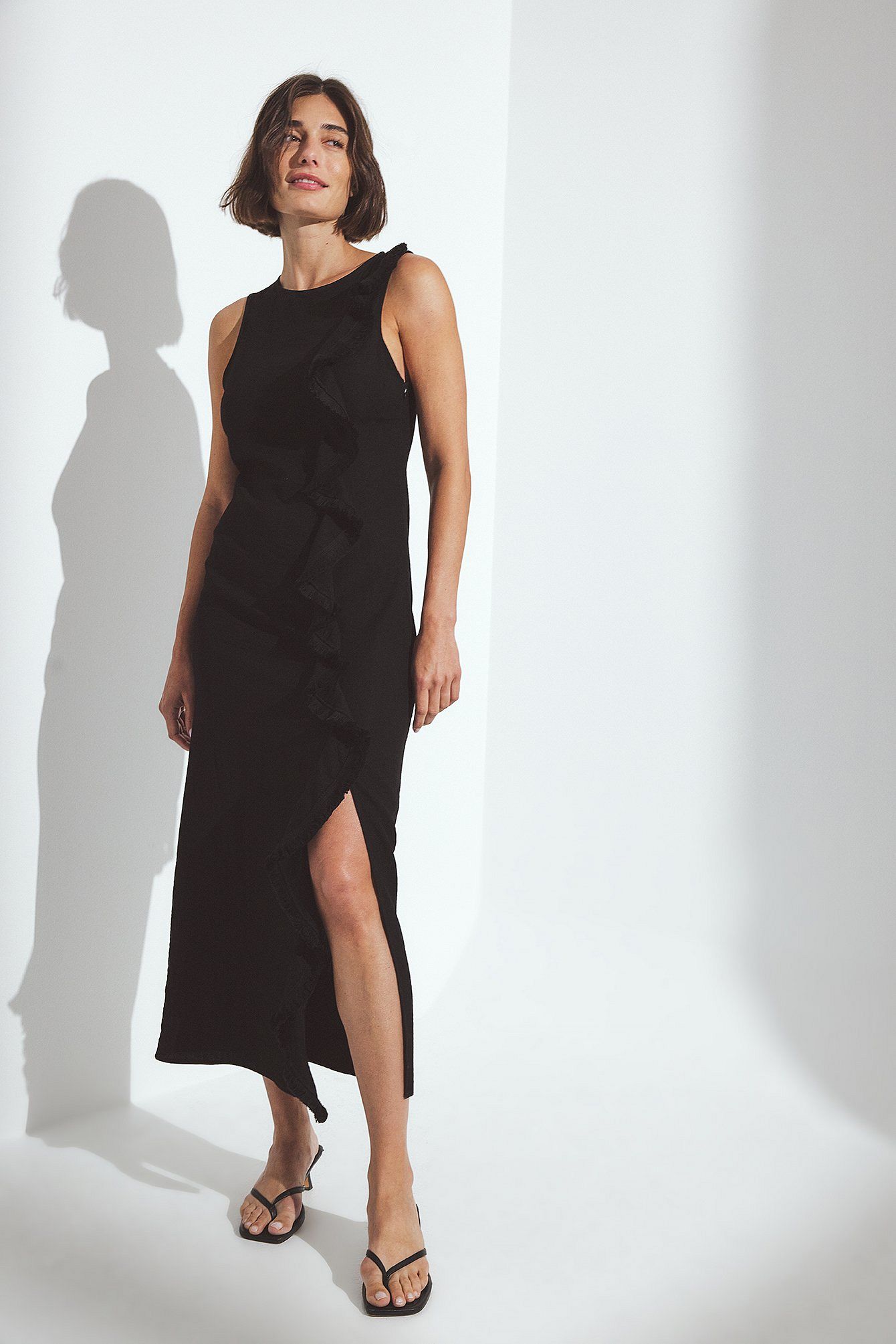 Robe Midi Col Haut Détendu | Coupe Relax Franges | Fente Latérale