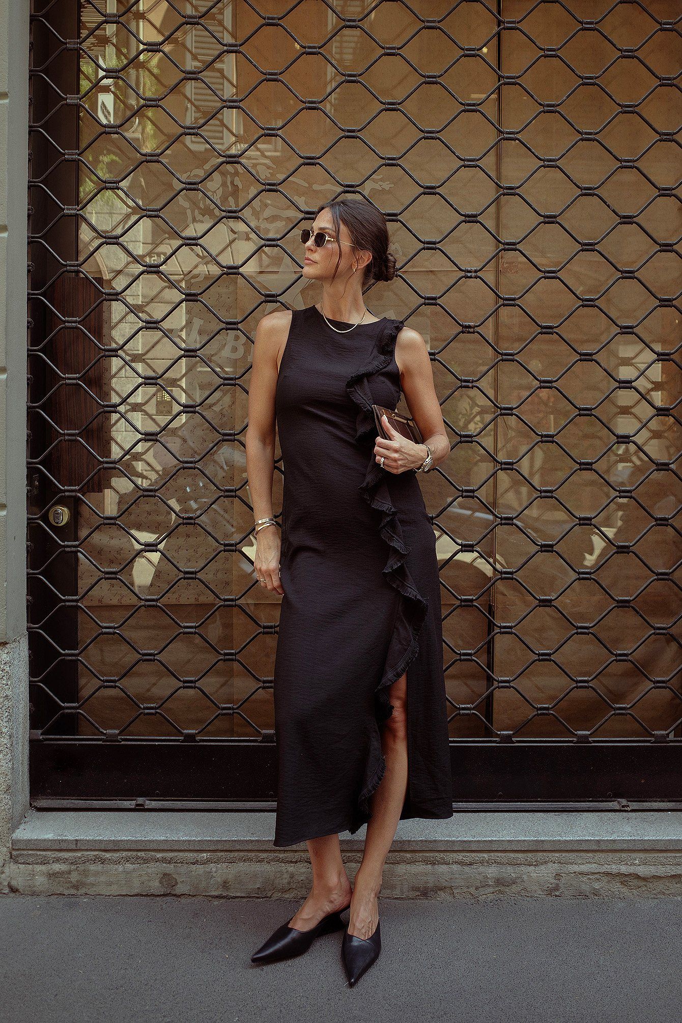 Robe Midi Col Haut Détendu | Coupe Relax Franges | Fente Latérale