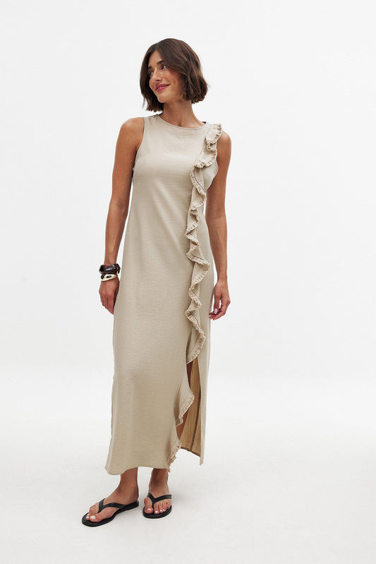 Robe Midi Col Haut Détendu | Coupe Relax Franges | Fente Latérale