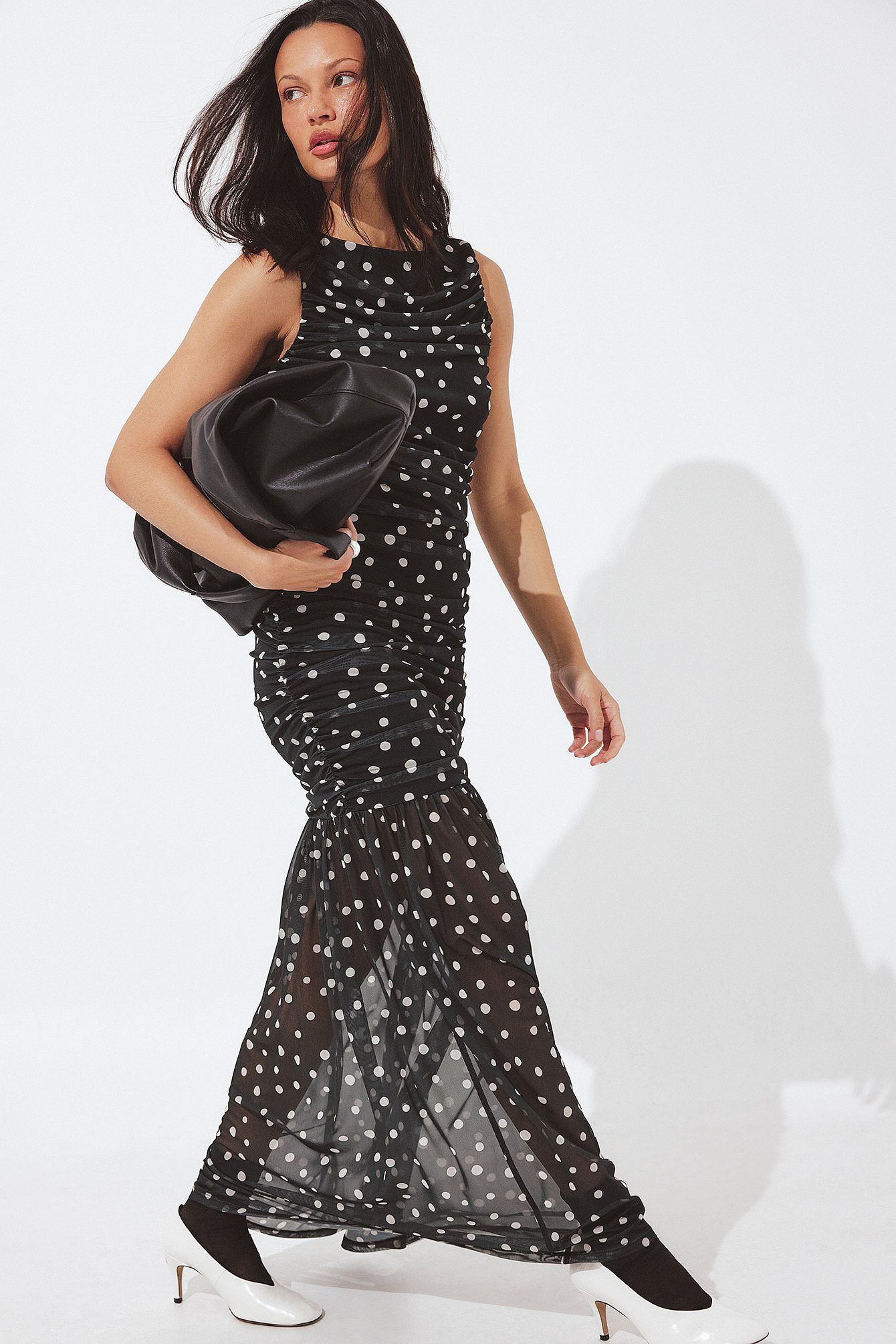 Robe Longue Tulle Drapé | Imprimé Pois Col Montant | Robe Cérémonie Élégante Soirée