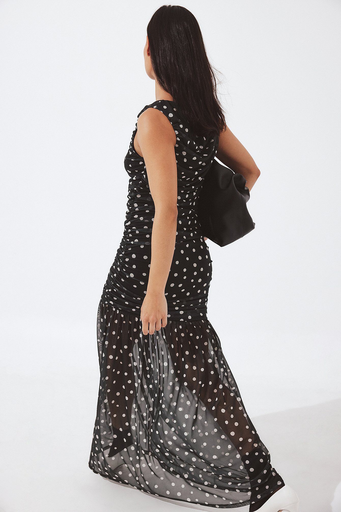 Robe Longue Tulle Drapé | Imprimé Pois Col Montant | Robe Cérémonie Élégante Soirée