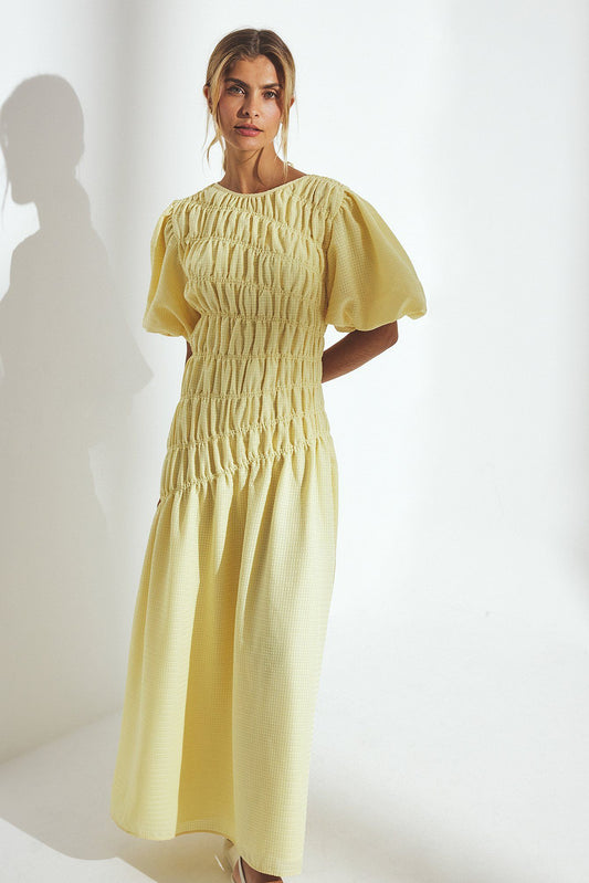 Robe Longue Femme | Effet Froncé & Manches Ballon | Silhouette Aérée & Élégance Moderne