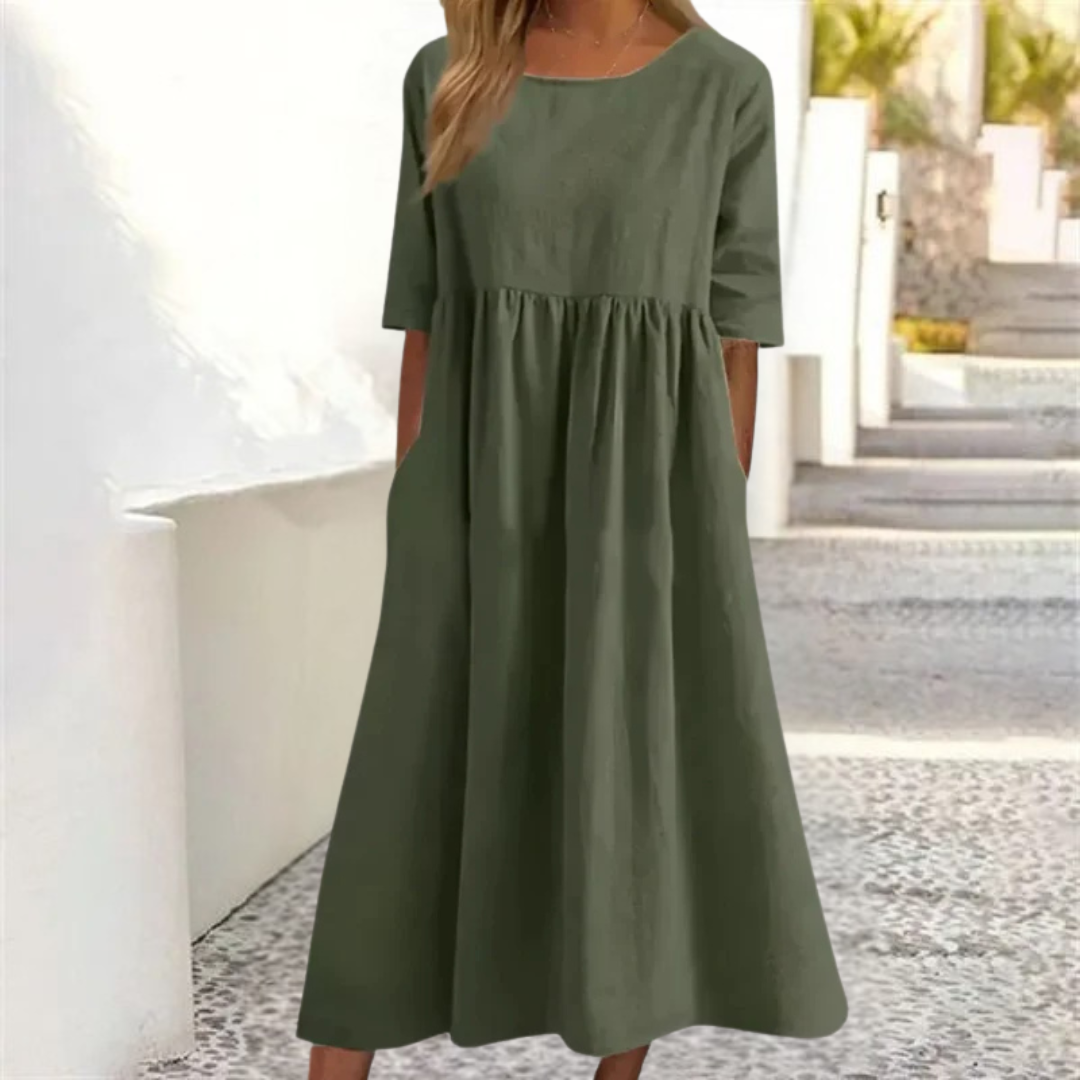 Robe Midi | Jupe Froncée et Manches 3/4 | Idéale pour un style estival aérien